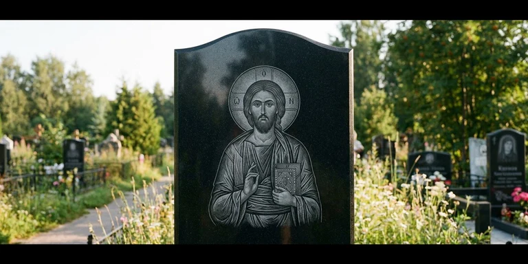 Иконы для гравировки на памятник в Иркутске — образ на стеле из чёрного гранита с ручной доводкой лика