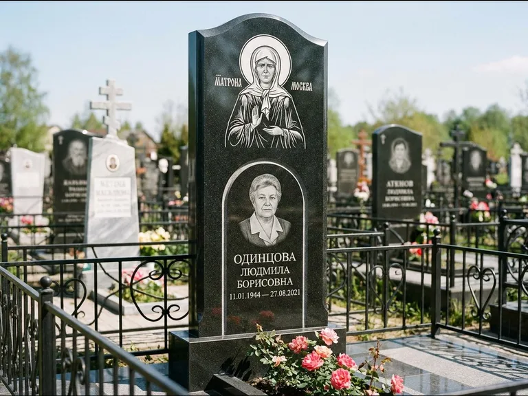 Памятник с гравировкой иконы — Владимирская икона Божией Матери с Младенцем, работа «Зотов» в Иркутске