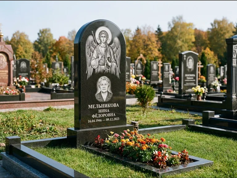 Памятник с гравировкой иконы — икона над портретом усопшего, работа «Журавлёв» в Иркутске