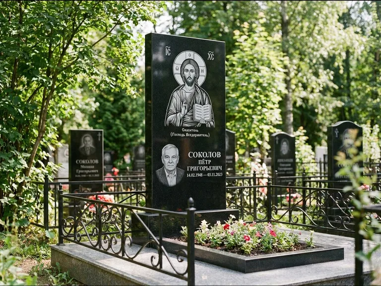 Памятник с гравировкой иконы — икона Спаса Вседержителя над именем усопшего, работа «Воронцова» в Иркутске