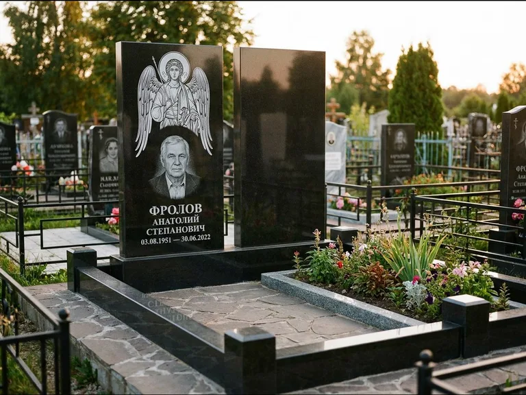 Памятник с гравировкой иконы: стела с резной рамкой вокруг иконы — Архангел Михаил на стеле, белая мраморная крошка с бордюром, работа «Богданова» в Иркутске