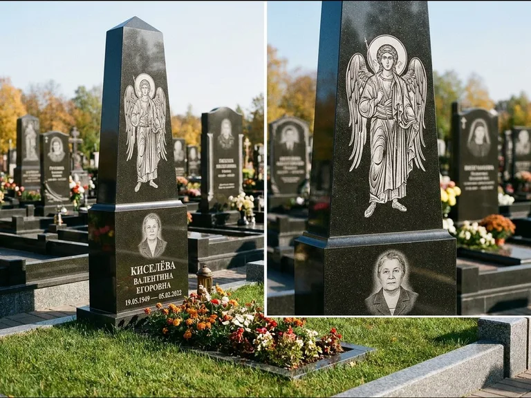Памятник с гравировкой иконы: асимметричная скошенная стела — гравировка образа Спасителя, живая изгородь из кустарника, работа «Третьяков» в Иркутске