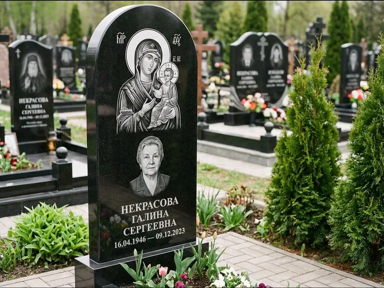 Памятник с гравировкой иконы: фигурная стела с киот-нишей под икону — икона в резной рамке-киоте, светлая гравийная отсыпка, работа «Журавлёв» в Иркутске