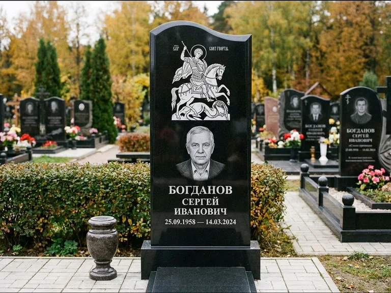 Памятник с гравировкой иконы: монументальный семейный мемориал из двух стел на общем цоколе — гравировка Николая Чудотворца, мощёная гранитная площадка без ограды, работа «Раевская» в Иркутске