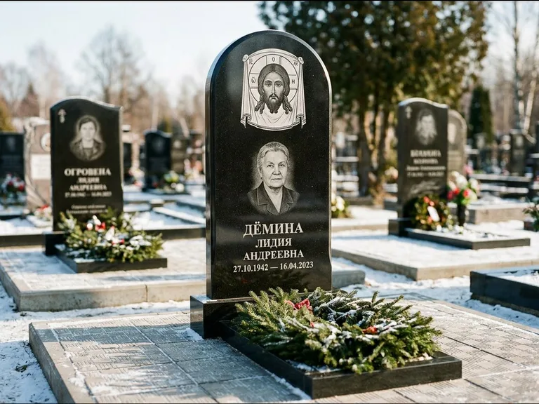 Памятник с гравировкой иконы — икона Спаса Вседержителя над именем усопшего, работа «Ковалёв» в Иркутске