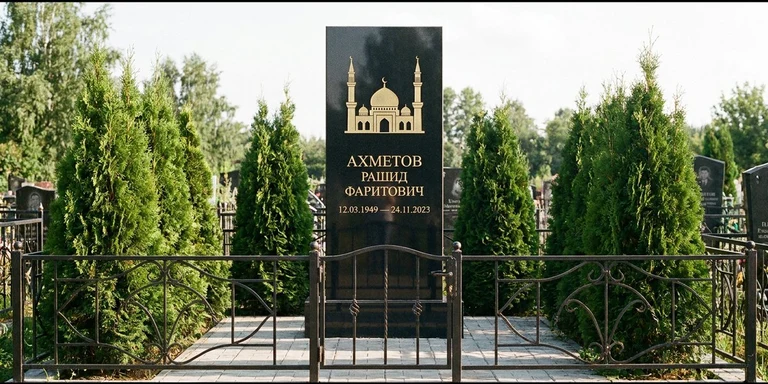 Гравировка мечети на памятник в Иркутске — стела из чёрного гранита, оформление по канонам ислама