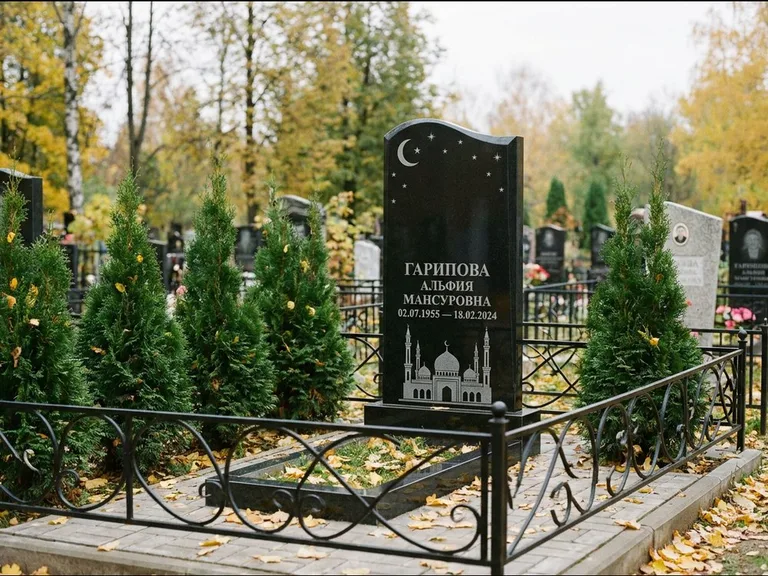 Мусульманский памятник с гравировкой мечети — мечеть с луной в ночном небе, работа «Гарипова» в Иркутске