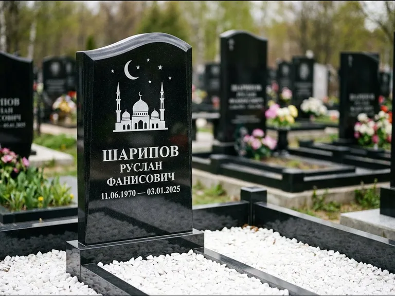 Мусульманский памятник с гравировкой мечети: стела с волнообразным скошенным верхом — гравировка мечети под полумесяцем и звёздами, белая мраморная крошка с бордюром, работа «Шарипов» в Иркутске