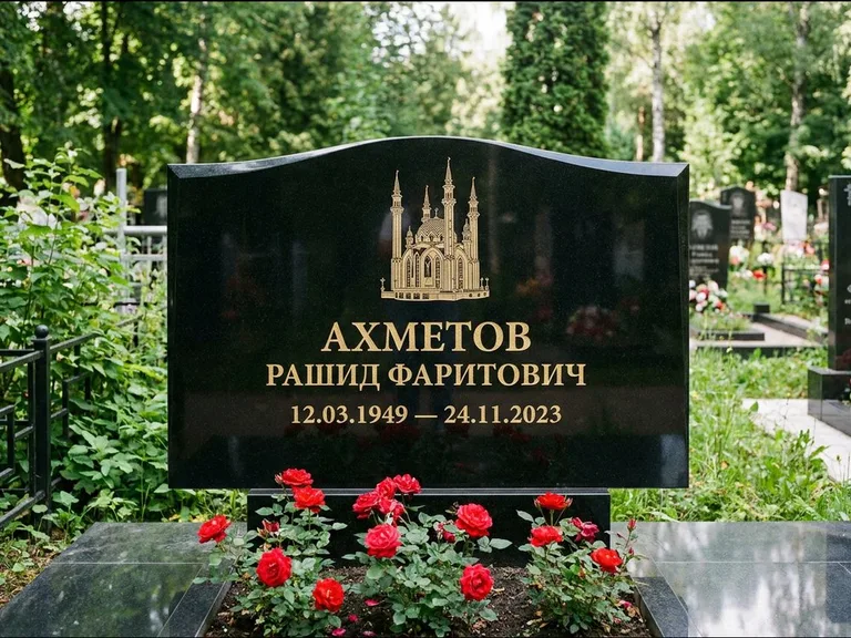 Мусульманский памятник с гравировкой мечети: широкая двойная семейная стела — золочёная гравировка мечети, цветник с красными розами, работа «Ахметов» в Иркутске