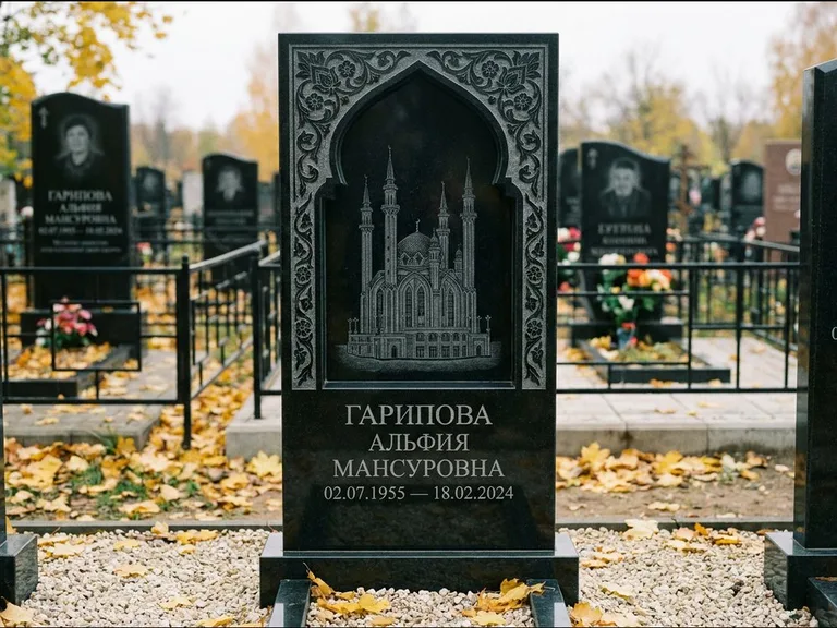 Мусульманский памятник с гравировкой мечети: фигурная стела с михраб-нишей — гравировка мечети в михраб-арке с орнаментом, светлая гравийная отсыпка, работа «Гарипова» в Иркутске