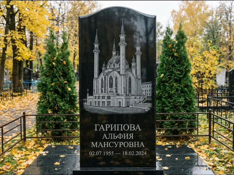 Мусульманский памятник с гравировкой мечети — мечеть Кул-Шариф на обороте стелы, работа «Гарипова» в Иркутске