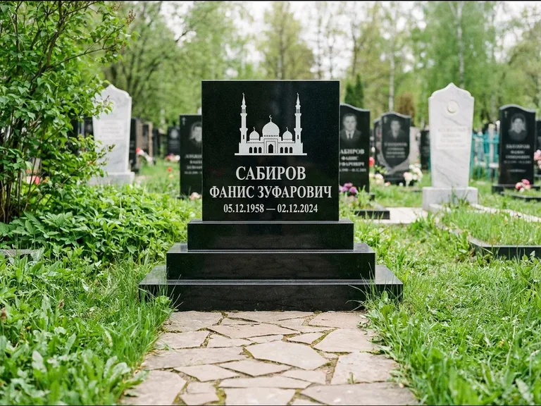 Мусульманский памятник с гравировкой мечети: ступенчатая трёхуровневая стела — золочёная гравировка мечети, дорожка из природного плитняка, работа «Юсупов» в Иркутске