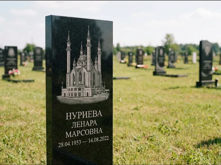 Мусульманский памятник с гравировкой мечети: узкая вертикальная стела-пилон — гравировка мечети в михраб-арке с орнаментом, открытая лужайка без ограды, работа «Хайруллина» в Иркутске