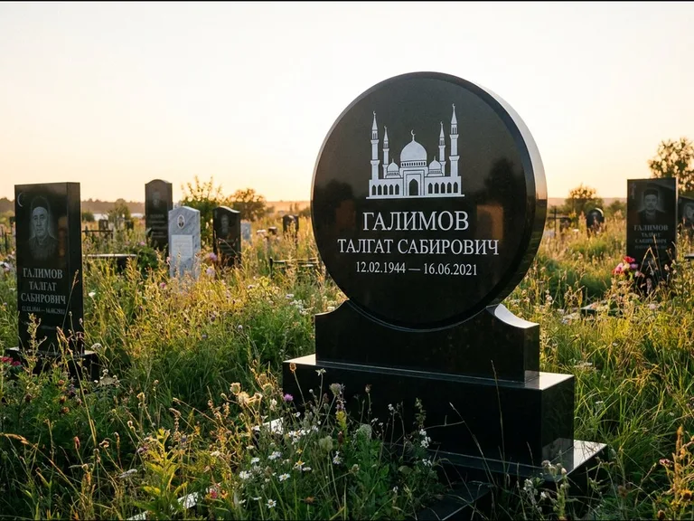 Мусульманский памятник с гравировкой мечети: округлая стела-медальон на тумбе — гравировка мечети в михраб-арке с орнаментом, луговые травы и полевые цветы, работа «Каримов» в Иркутске
