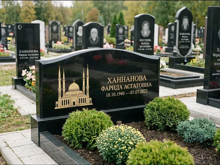 Мусульманский памятник с гравировкой мечети: вытянутая горизонтальная семейная стела с аркой — белая гравировка силуэта мечети с минаретами, участок с декоративными кустами, работа «Гарипова» в Иркутске