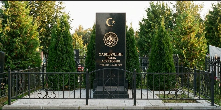 Гравировка на мусульманском памятнике в Иркутске — стела из чёрного гранита, оформление по канонам ислама