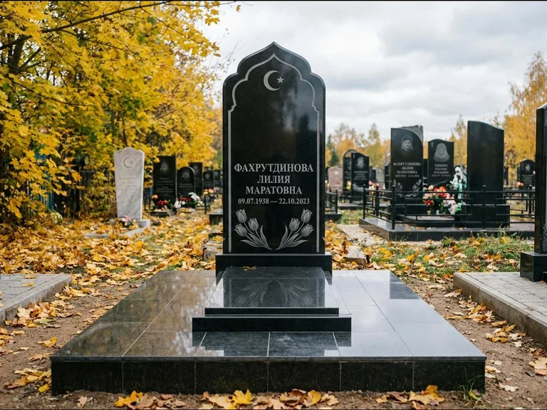 Мусульманский памятник: стела с михраб-навершием в форме арки — гравировка минарета с полумесяцем, гранитный цоколь с тёмной плиткой, работа «Фахрутдинова» в Иркутске