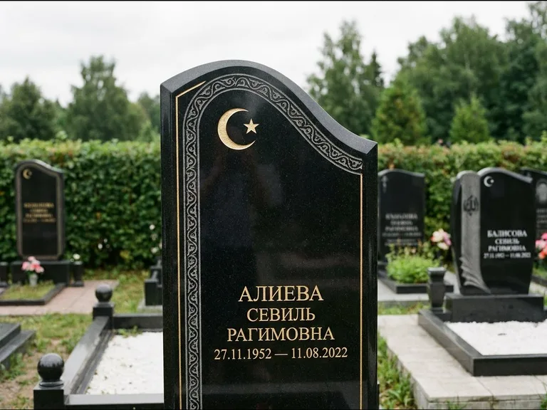 Мусульманский памятник: асимметричная скошенная стела — белая гравировка силуэта мечети с минаретами, живая изгородь из кустарника, работа «Алиева» в Иркутске