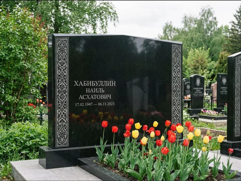 Мусульманский памятник: широкая двойная семейная стела — золочёная гравировка мечети, цветник с тюльпанами, работа «Хабибуллин» в Иркутске