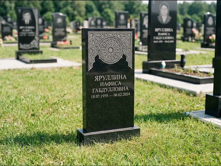 Мусульманский памятник: небольшая скромная невысокая стела — золочёная гравировка мечети, аккуратный участок с газоном, работа «Фахрутдинова» в Иркутске