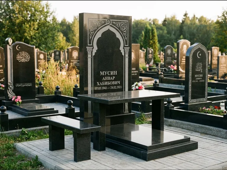 Мусульманский памятник: стела с гранитным столиком и скамьёй — гравировка мечети под полумесяцем и звёздами, семейный участок с плиткой, работа «Гимаев» в Иркутске