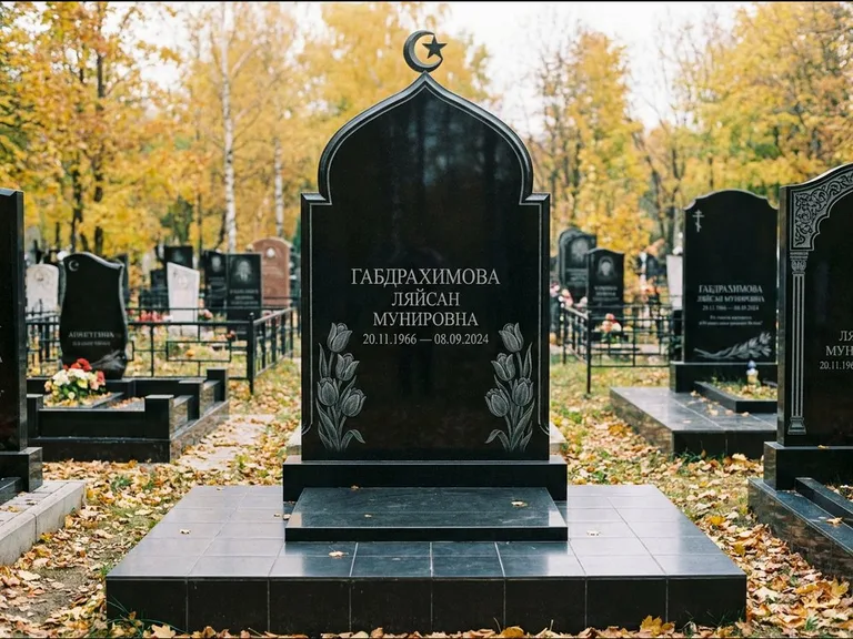 Мусульманский памятник: массивная стела с михраб-навершием — белая гравировка силуэта мечети с минаретами, цоколь тёмной плиткой, работа «Магомедова» в Иркутске