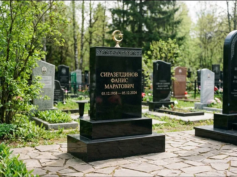 Мусульманский памятник: ступенчатая трёхуровневая стела — золочёная гравировка мечети, дорожка из природного плитняка, работа «Мустафин» в Иркутске