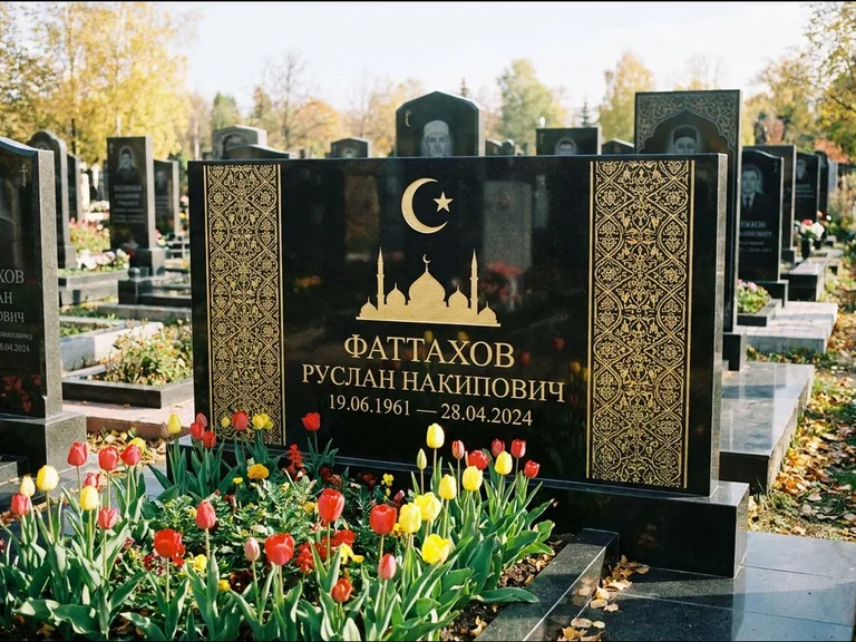 Мусульманский памятник: широкая панорамная стела с золочёным орнаментом — гравировка минарета с полумесяцем, цветник с тюльпанами, работа «Сулейманов» в Иркутске