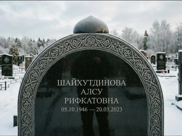 Мусульманский памятник: полукруглая стела с купольным навершием — гравировка мечети под полумесяцем и звёздами, заснеженный зимний участок, работа «Ганиева» в Иркутске