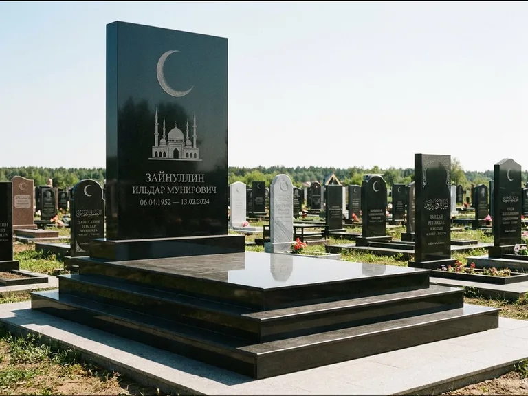 Мусульманский памятник: массивная стела на ступенчатом постаменте — гравировка мечети под полумесяцем и звёздами, гранитная площадка без ограды, работа «Хабибуллин» в Иркутске