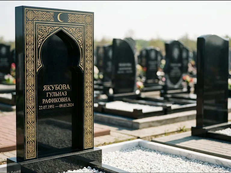 Мусульманский памятник: стела в форме михраба с глубокой нишей и золочёным орнаментом — детализированная гравировка мечети Кул-Шариф, участок с белой мраморной крошкой, работа «Мустафин» в Иркутске