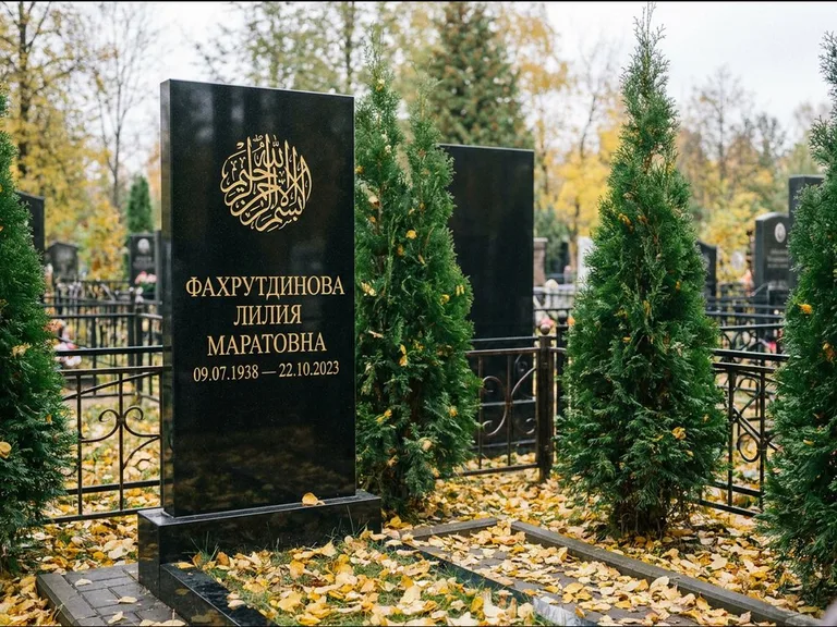 Мусульманский памятник — шахада в верхней части стелы, работа «Фахрутдинова» в Иркутске
