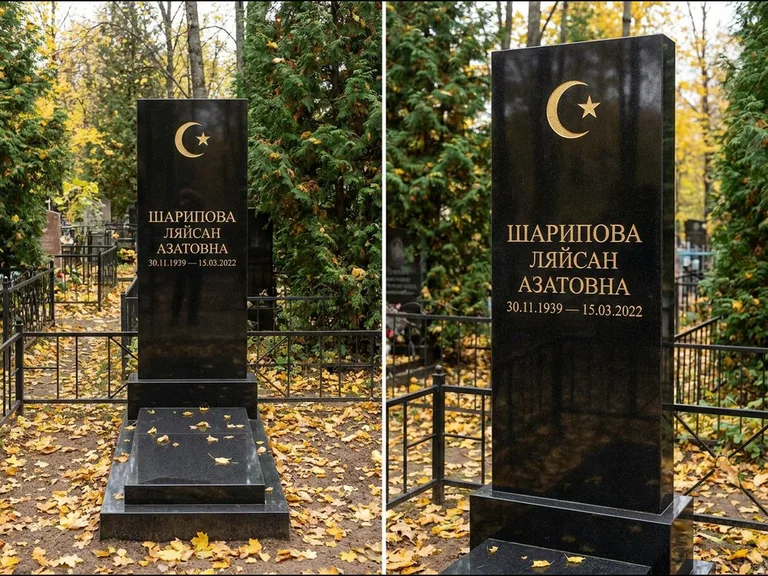 Памятник с гравировкой полумесяца — золочёная гравировка полумесяца со звездой в верхней части с, работа «Шарипова» в Иркутске