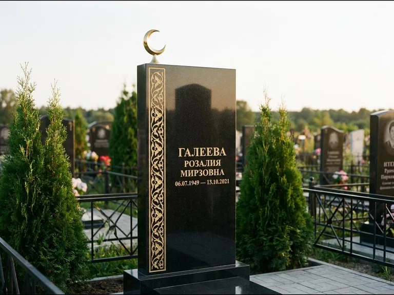 Памятник с гравировкой полумесяца — золочёный полумесяц и колонна растительного орнамента-ислими, работа «Галеева» в Иркутске