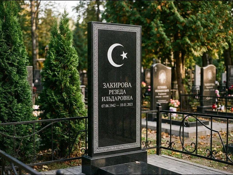 Памятник с гравировкой полумесяца — строгая белая гравировка полумесяца со звездой и орнаменталь, работа «Закирова» в Иркутске