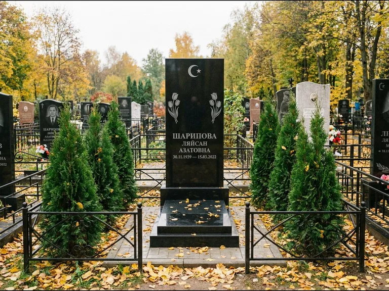 Памятник с гравировкой полумесяца — гравировка полумесяца со звездой и тюльпанами по бокам, работа «Шарипова» в Иркутске
