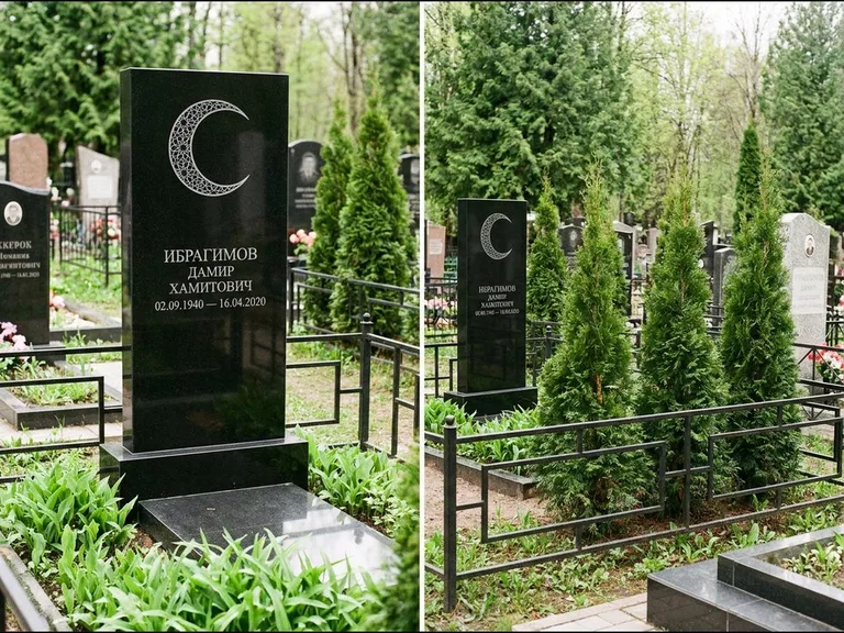 Памятник с гравировкой полумесяца — гравировка полумесяца в геометрическом орнаменте-гирихе, работа «Ибрагимов» в Иркутске