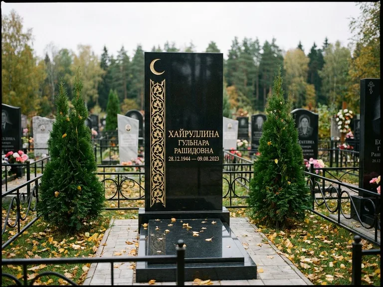 Памятник с гравировкой полумесяца — золочёный полумесяц и колонна растительного орнамента-ислими, работа «Хайруллина» в Иркутске