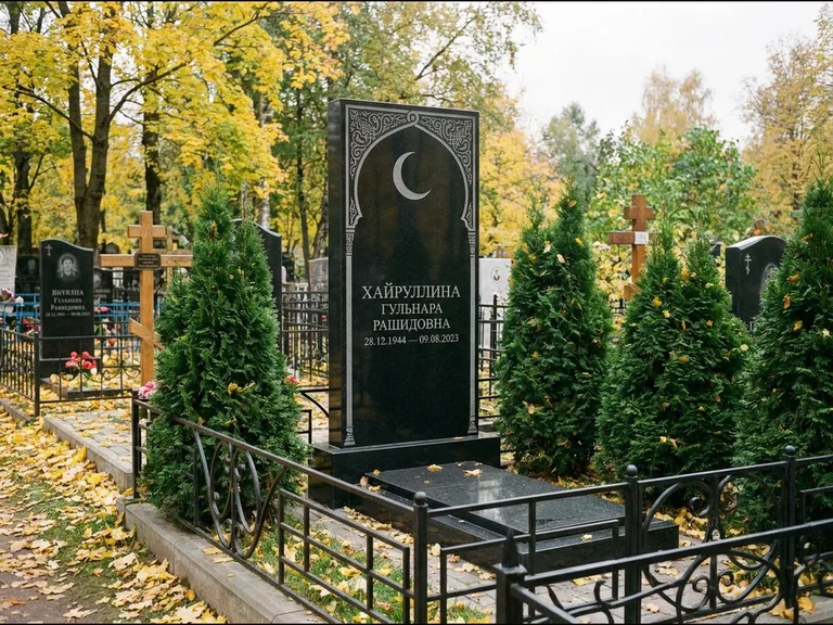 Памятник с гравировкой полумесяца — гравировка полумесяца в восточной арке с орнаментом, работа «Хайруллина» в Иркутске