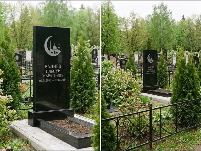 Памятник с гравировкой полумесяца — гравировка полумесяца над силуэтом мечети, работа «Валиев» в Иркутске