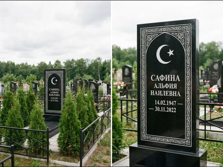Памятник с гравировкой полумесяца — строгая белая гравировка полумесяца со звездой и орнаменталь, работа «Сафина» в Иркутске