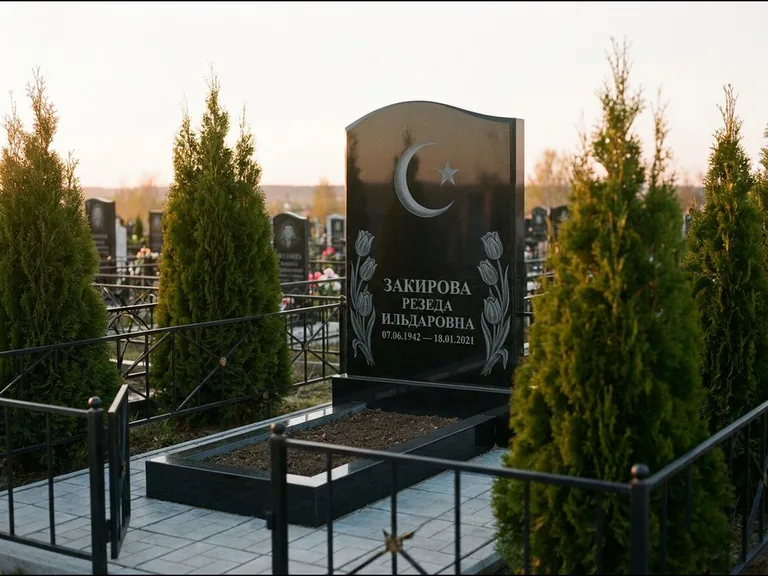 Памятник с гравировкой полумесяца — гравировка полумесяца со звездой и тюльпанами по бокам, работа «Закирова» в Иркутске