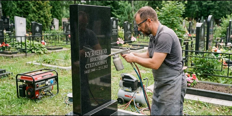 Гравировка на памятнике с выездом на кладбище в Иркутске — мастер гравирует установленный памятник