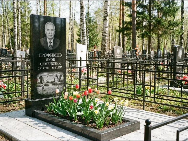 Памятник с гравировкой журавлей — гравировка пары журавлей над гладью озера в нижней части, работа «Трофимов» в Иркутске
