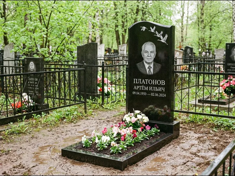 Памятник с гравировкой журавлей — белая гравировка клина журавлей, уходящего в верхний угол ст, работа «Платонов» в Иркутске
