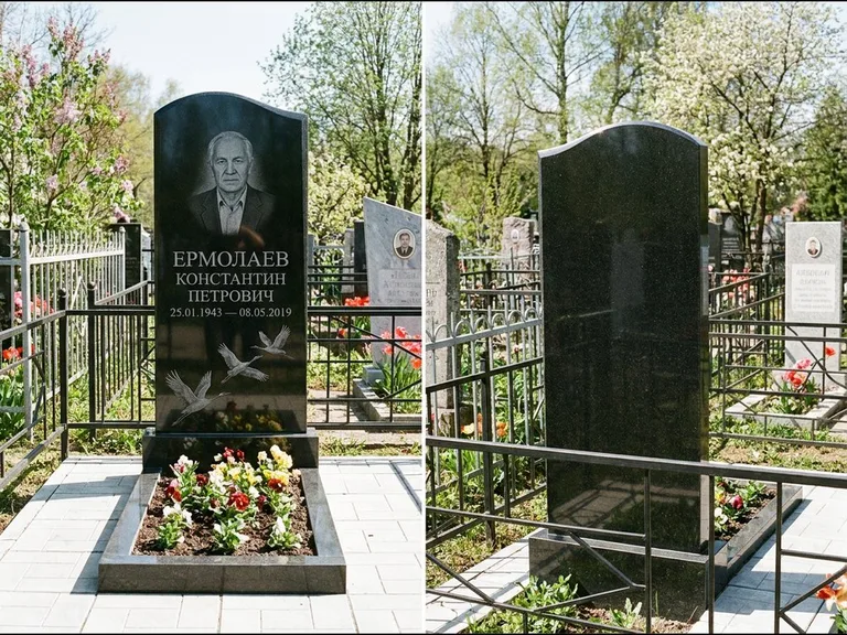 Памятник с гравировкой журавлей — гравировка трёх журавлей по диагонали через свободное поле с, работа «Ермолаев» в Иркутске