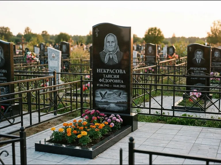 Памятник с гравировкой журавлей — гравировка пары журавлей над гладью озера в нижней части, работа «Некрасова» в Иркутске