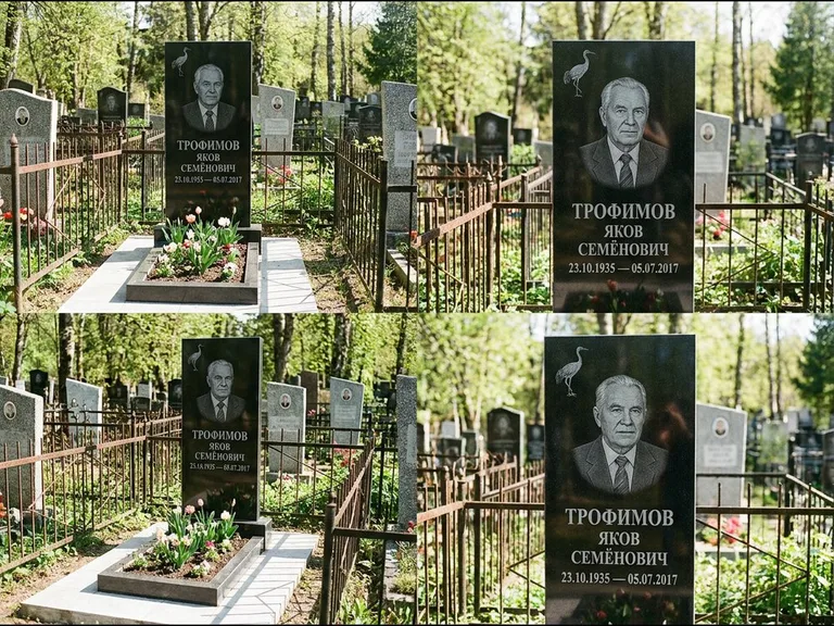 Памятник с гравировкой журавлей — гравировка одиночного летящего журавля над портретом, работа «Трофимов» в Иркутске