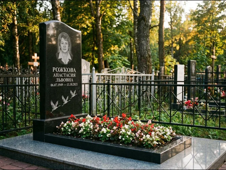 Памятник с гравировкой журавлей — гравировка трёх журавлей по диагонали через свободное поле с, работа «Рожкова» в Иркутске