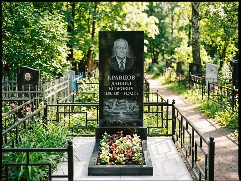Памятник с гравировкой журавлей — гравировка пары журавлей над гладью озера в нижней части, работа «Кравцов» в Иркутске